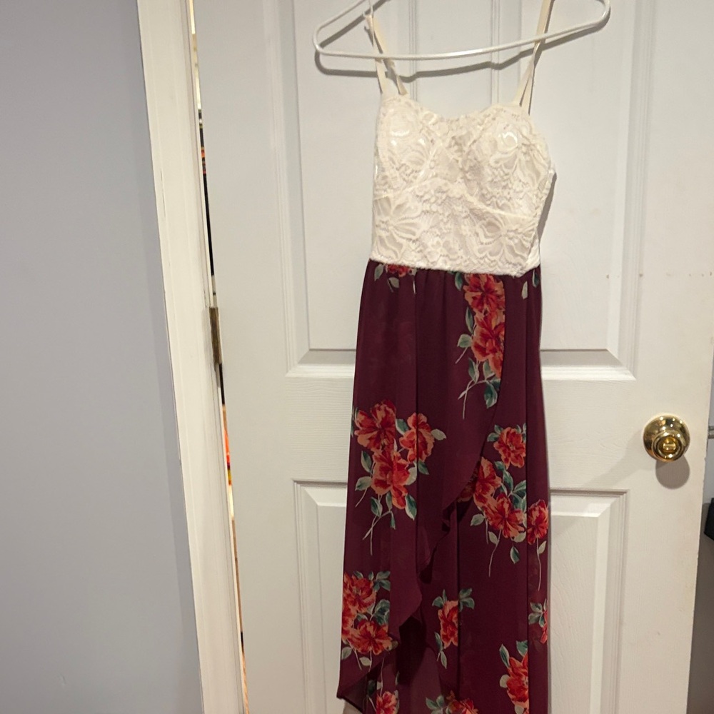 Lily Rose Cream Lace Top Burgundy Floral High-Low Dress